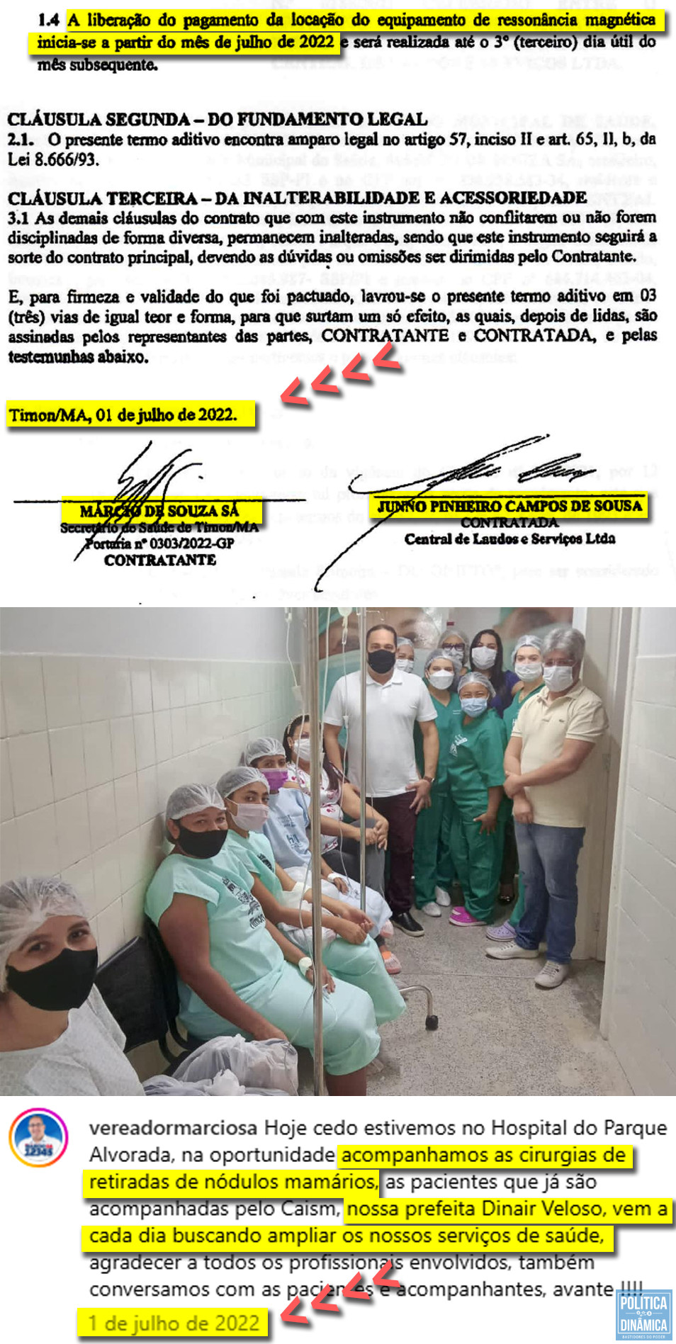 Cara limpa: citando a prefeita Dinair em um post de julho de 2022, Márcio Sá diz que está acompanhando cirurgias de retirada de nódulos mamários de pacientes de Timon, justamente o tipo de problema que poderia ter sido diagnosticado mais rápido e com mais segurança com a ressonância magnética. Foi no mesmo dia em que a prefeitura determinou que iria começar a pagar o serviço que ainda não estava sendo prestado (imagens: Instagram | Denúncia CMT)