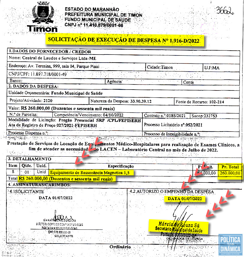 Antes de receber o equipamento e no mesmo dia em que assinou o aditivo do contrato com a empresa de Junno, a gestão de Dinair Veloso já mandou separar o dinheiro para pagar o equipamento que não estava em funcionamento (imagem: denúncia CMT)