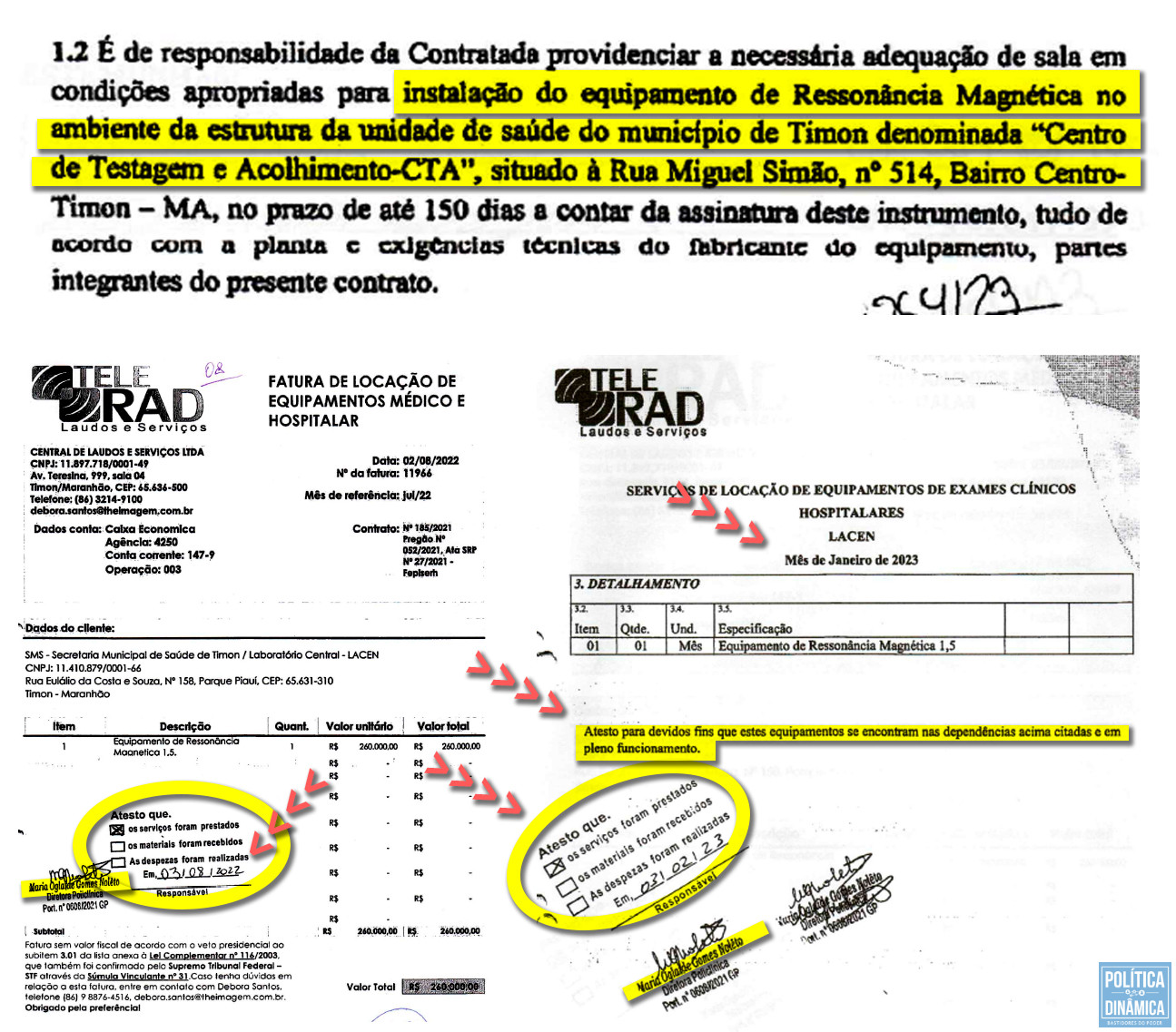 A Prefeitura de Timon, sob a gestão de Dinair Veloso, afirmou em documentos de pagamento que o equipamento de ressonância magnética estava instalado e em pleno funcionamento em 2022 e 2023 (imagens: denúncia CMT)